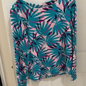 crown & ivy Teal and Pink Tropical Long Sleeve Top with back bow detail